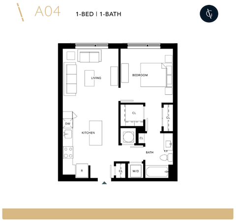 Floor plan for 1 bed, 1 bath, 625 sqft